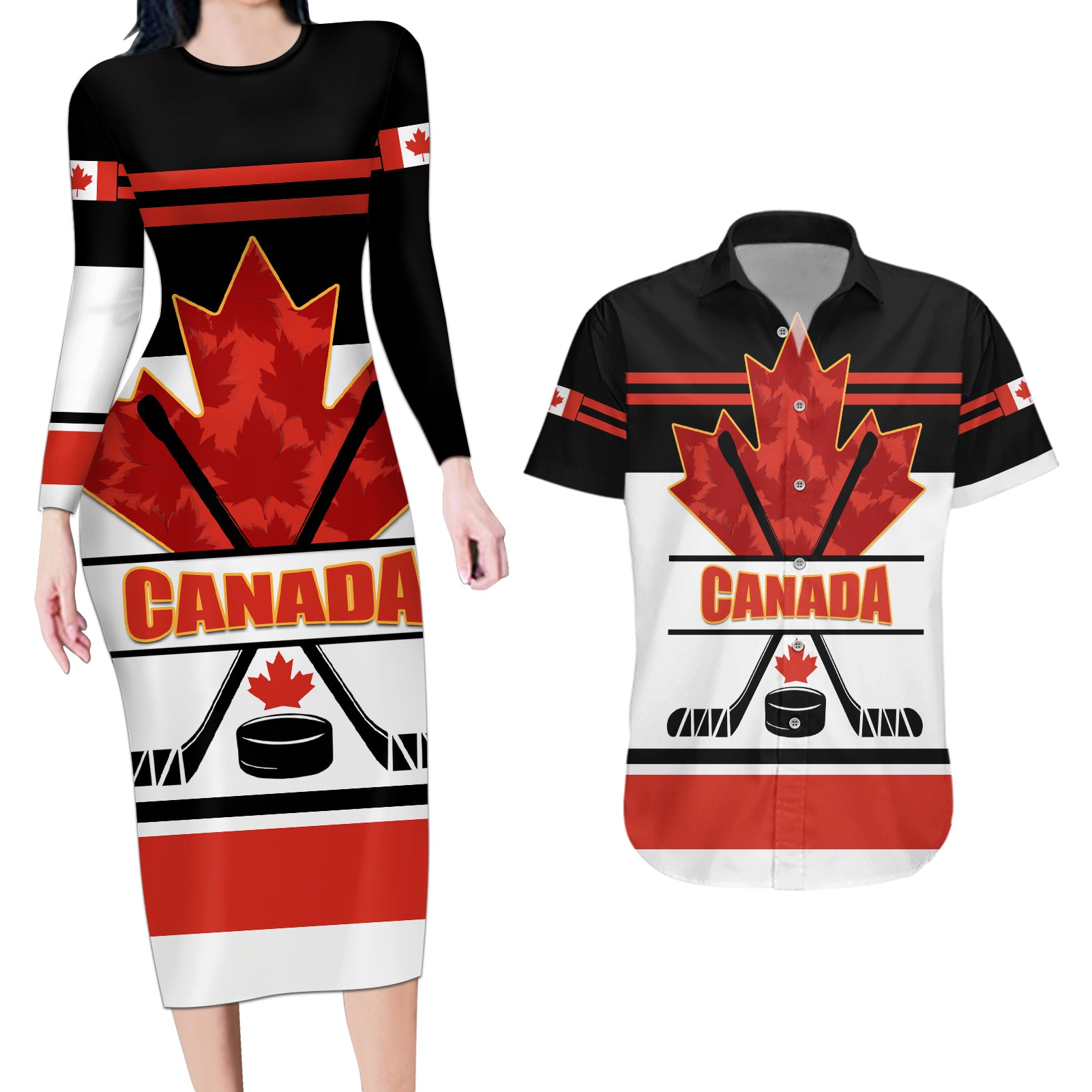 Canada Hockey 2024 Couples Matching Long Sleeve Bodycon Dress and Hawaiian Shirt Hockey is Canada Game - Wonder Print Shop