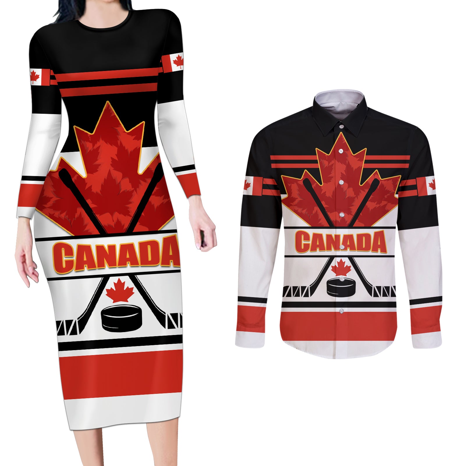 Canada Hockey 2024 Couples Matching Long Sleeve Bodycon Dress and Long Sleeve Button Shirt Hockey is Canada Game - Wonder Print Shop