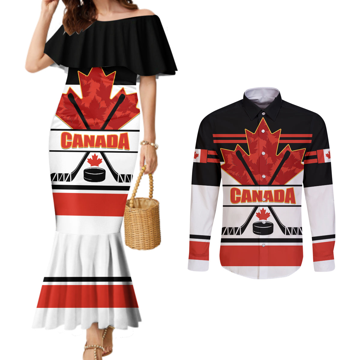 Canada Hockey 2024 Couples Matching Mermaid Dress and Long Sleeve Button Shirt Hockey is Canada Game