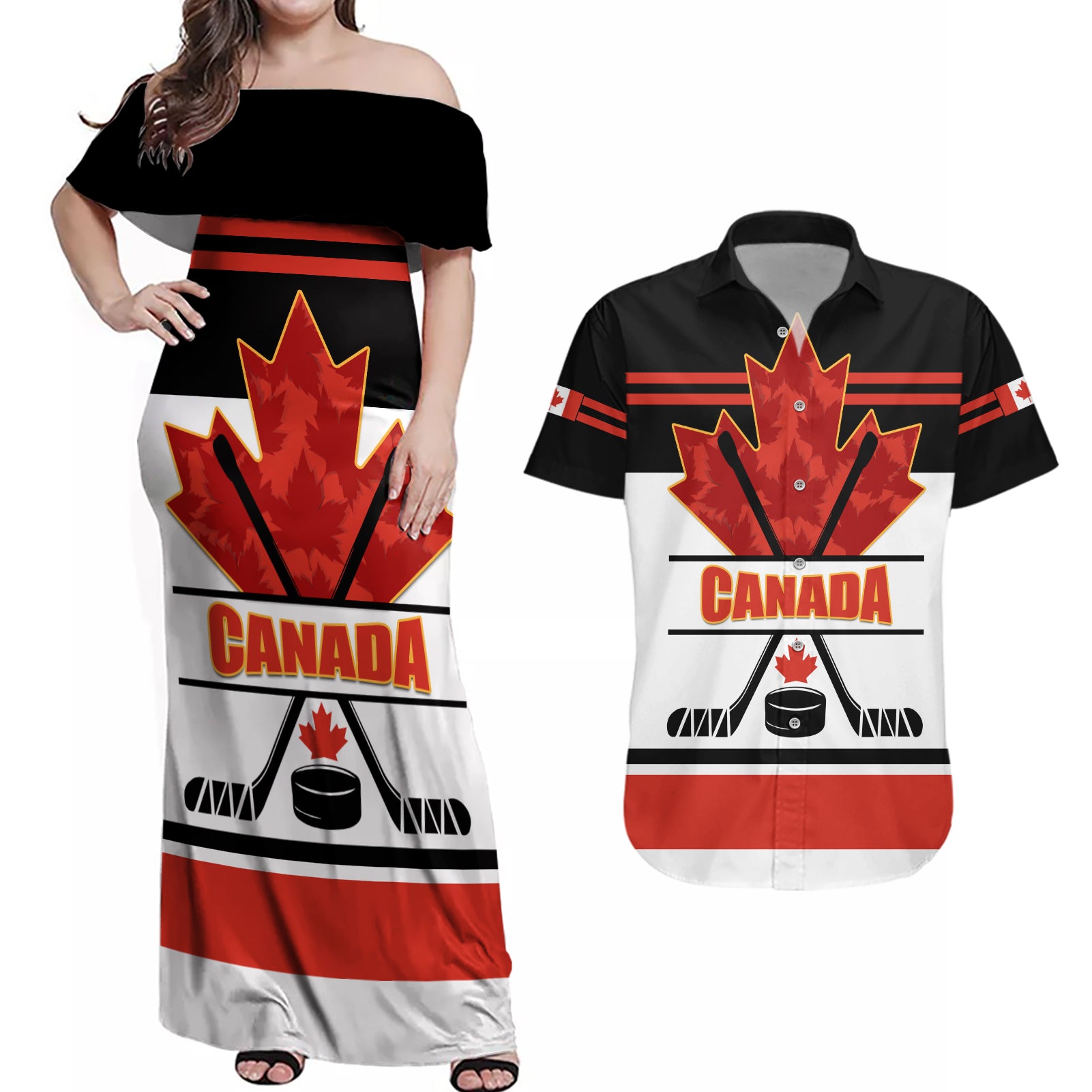 Canada Hockey 2024 Couples Matching Off Shoulder Maxi Dress and Hawaiian Shirt Hockey is Canada Game - Wonder Print Shop