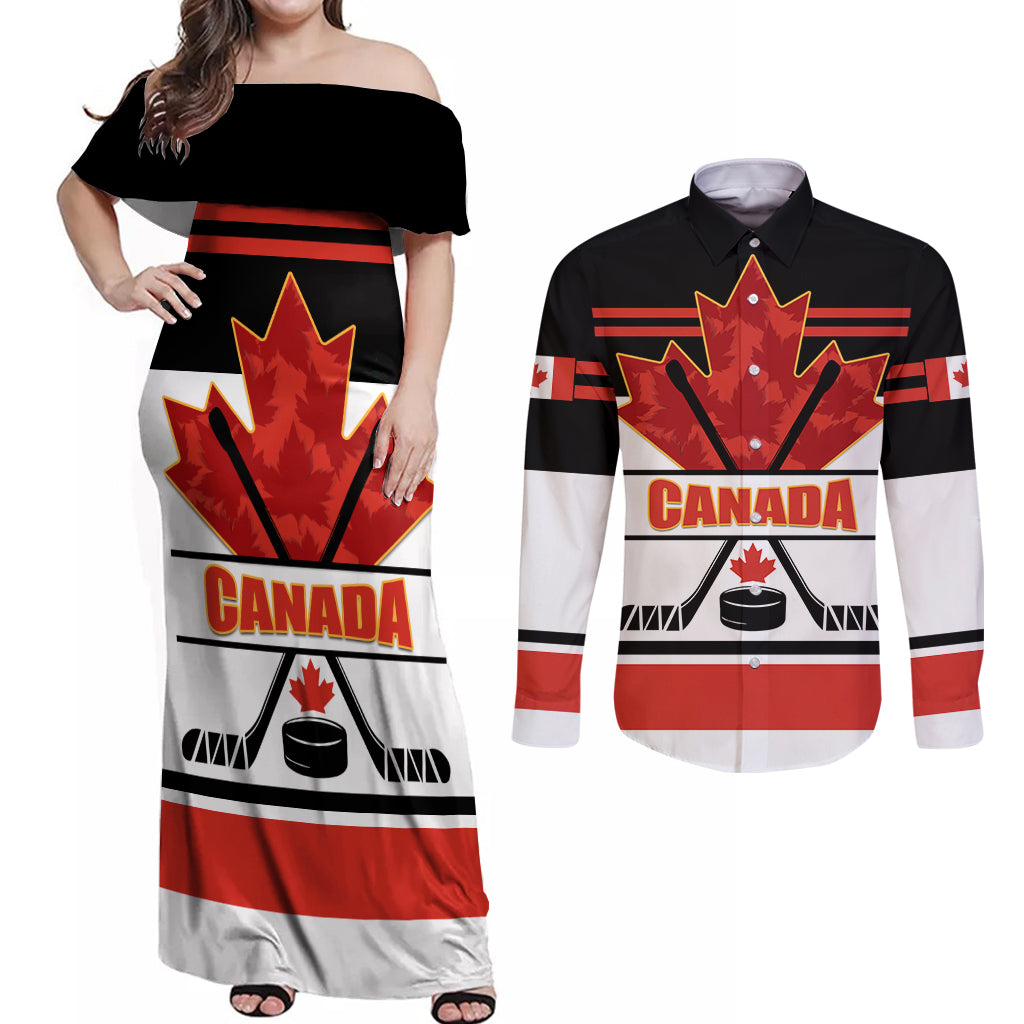 Canada Hockey 2024 Couples Matching Off Shoulder Maxi Dress and Long Sleeve Button Shirt Hockey is Canada Game - Wonder Print Shop