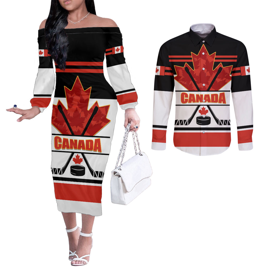 Canada Hockey 2024 Couples Matching Off The Shoulder Long Sleeve Dress and Long Sleeve Button Shirt Hockey is Canada Game