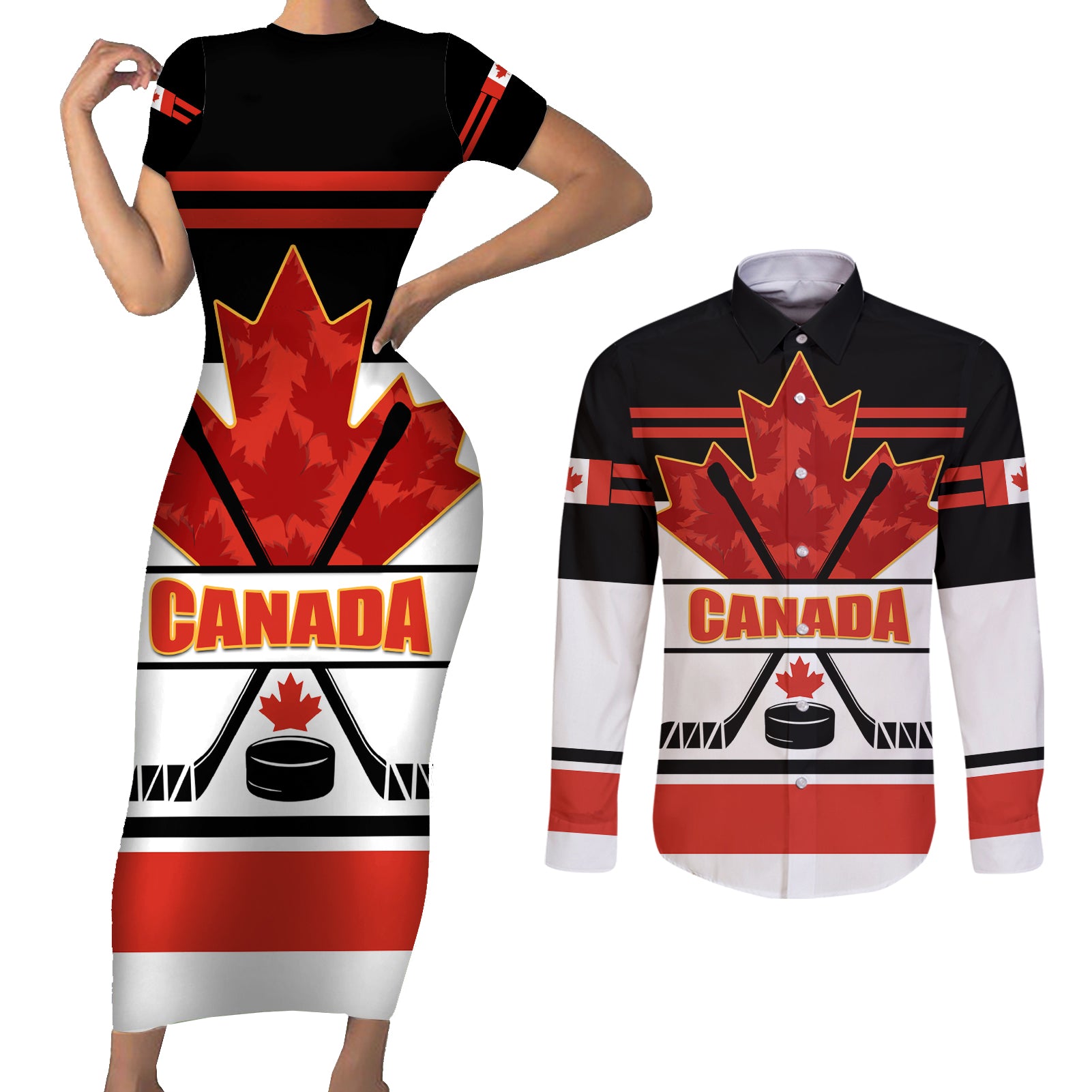 Canada Hockey 2024 Couples Matching Short Sleeve Bodycon Dress and Long Sleeve Button Shirt Hockey is Canada Game - Wonder Print Shop