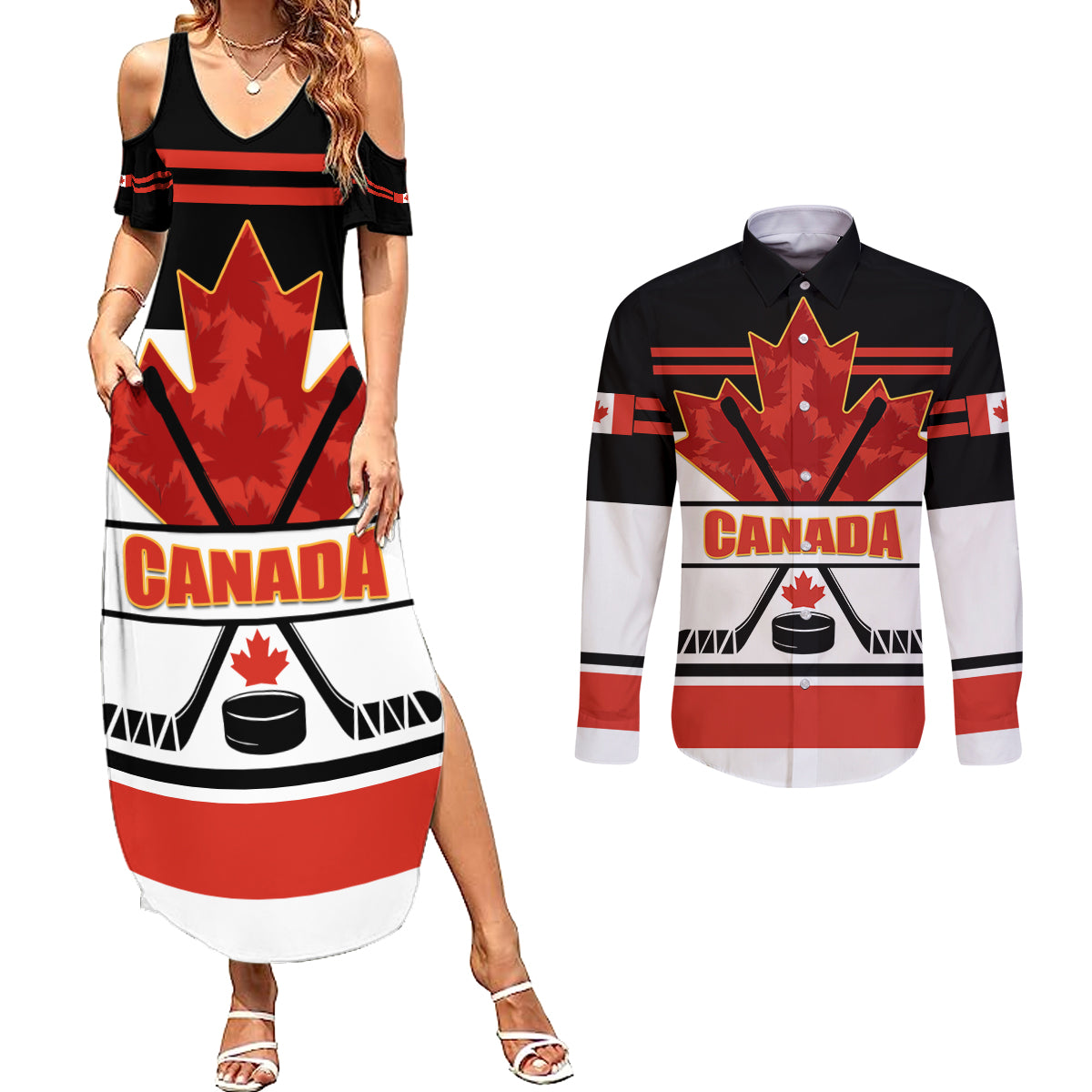 Canada Hockey 2024 Couples Matching Summer Maxi Dress and Long Sleeve Button Shirt Hockey is Canada Game - Wonder Print Shop