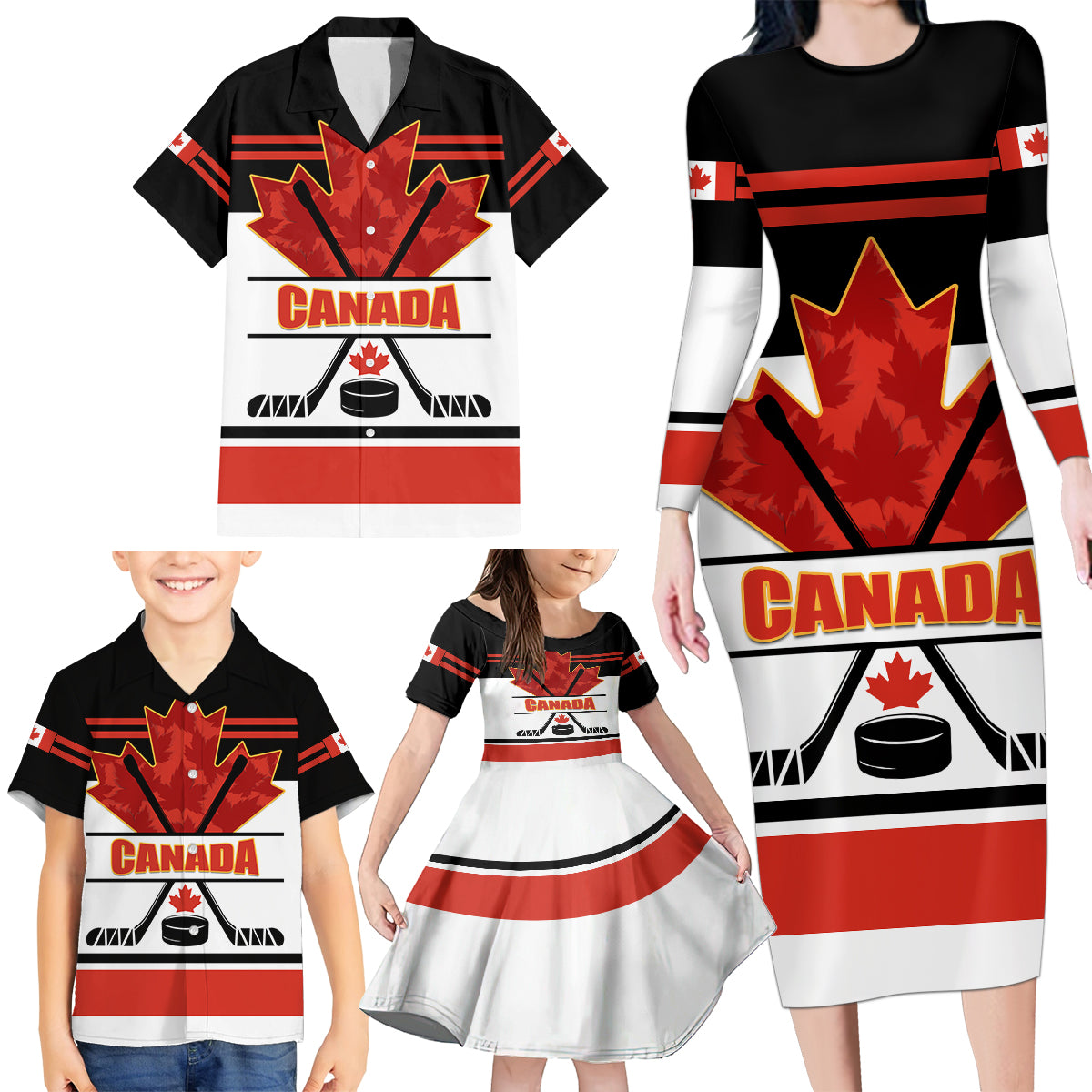 Canada Hockey 2024 Family Matching Long Sleeve Bodycon Dress and Hawaiian Shirt Hockey is Canada Game - Wonder Print Shop