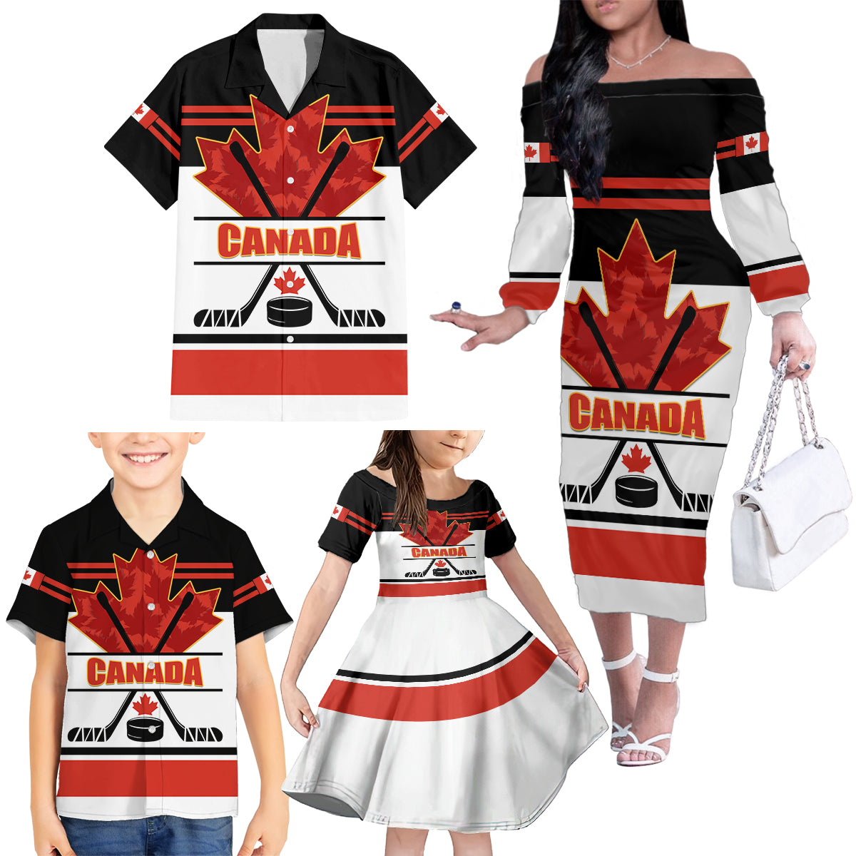 Canada Hockey 2024 Family Matching Off The Shoulder Long Sleeve Dress and Hawaiian Shirt Hockey is Canada Game - Wonder Print Shop