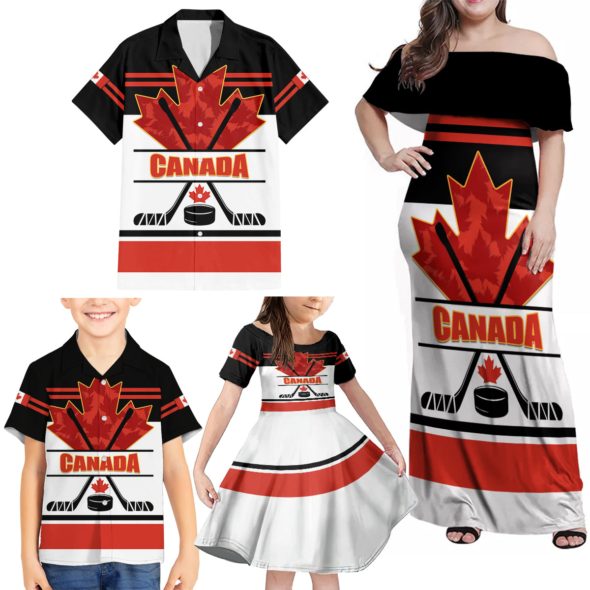 Canada Hockey 2024 Family Matching Off Shoulder Maxi Dress and Hawaiian Shirt Hockey is Canada Game - Wonder Print Shop