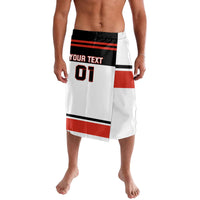 White athletic hockey shorts with red and black stripes and bold graphic number