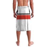 White athletic hockey shorts with red center stripe and front logo panel, knee length