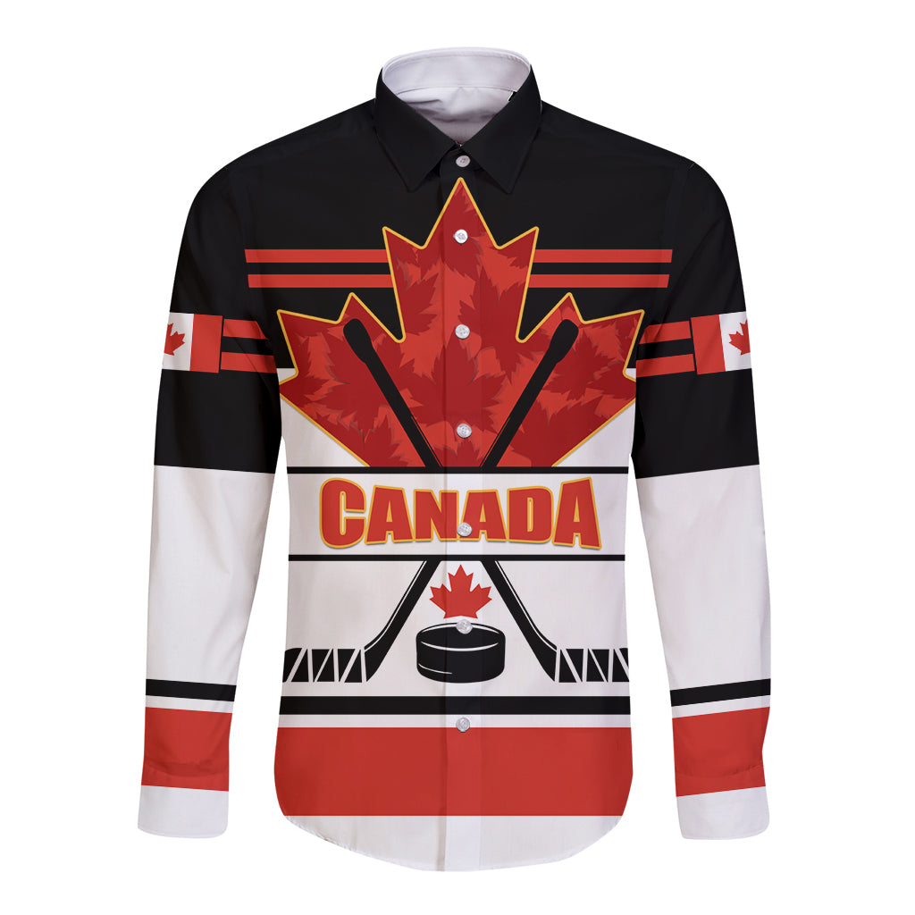 Canada hockey long-sleeve button shirt with front Canada logo and striped maple leaf