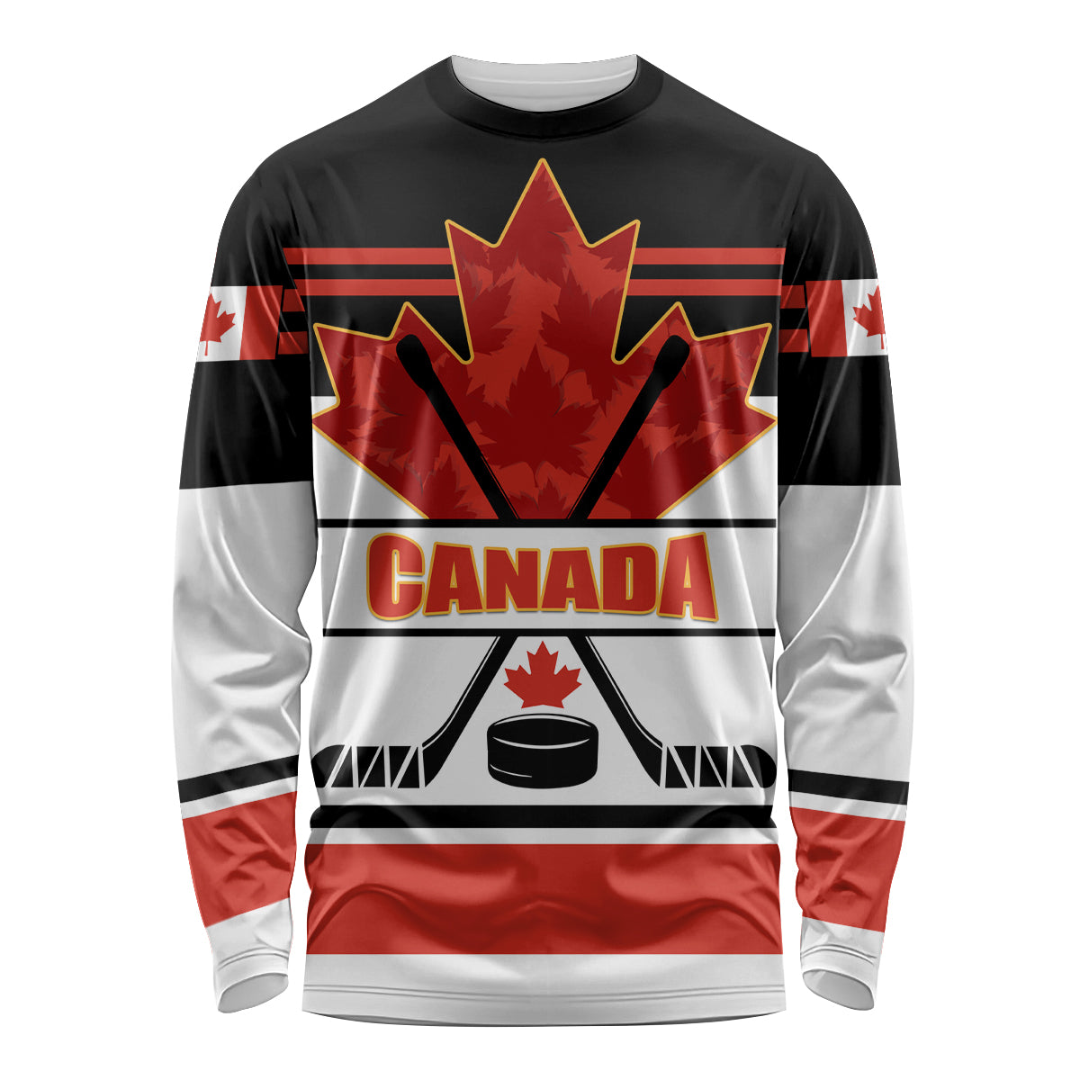 Unisex long-sleeve hockey shirt in black, white, and red with Canada maple-leaf logo