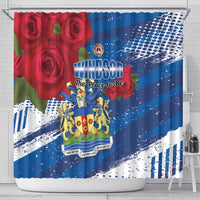 Blue shower curtain featuring Windsor lettering, red roses, lion crest and white splashes