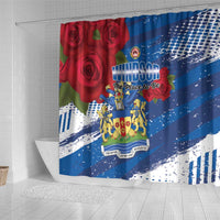 Blue shower curtain with Windsor logo, red roses, heraldic figures and angled stripe pattern