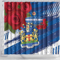 Blue shower curtain with Windsor badge, red roses, blue field and white brush-stroke stripes