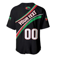 Custom rugby baseball jersey back, black with YOUR TEXT and large 00, green-red trim