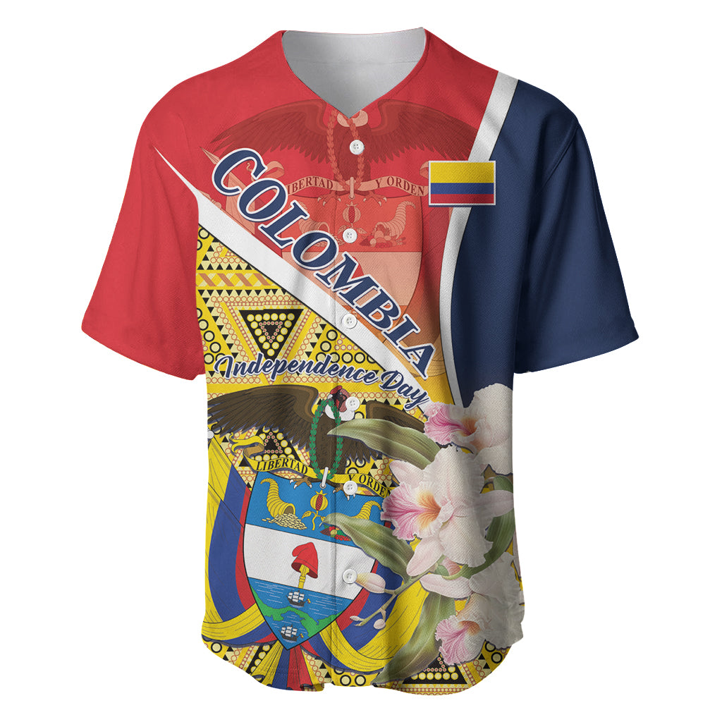 Red, blue, and yellow Colombia-themed baseball jersey with button placket and colorful graphic print.