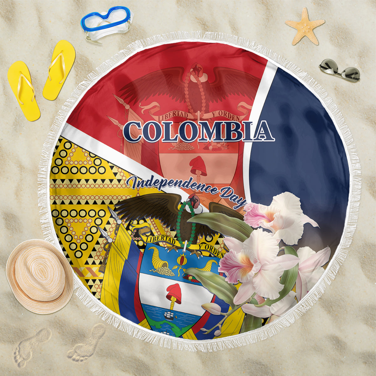 Round beach blanket with fringe, Colombia flag, yellow geometric border, floral elements
