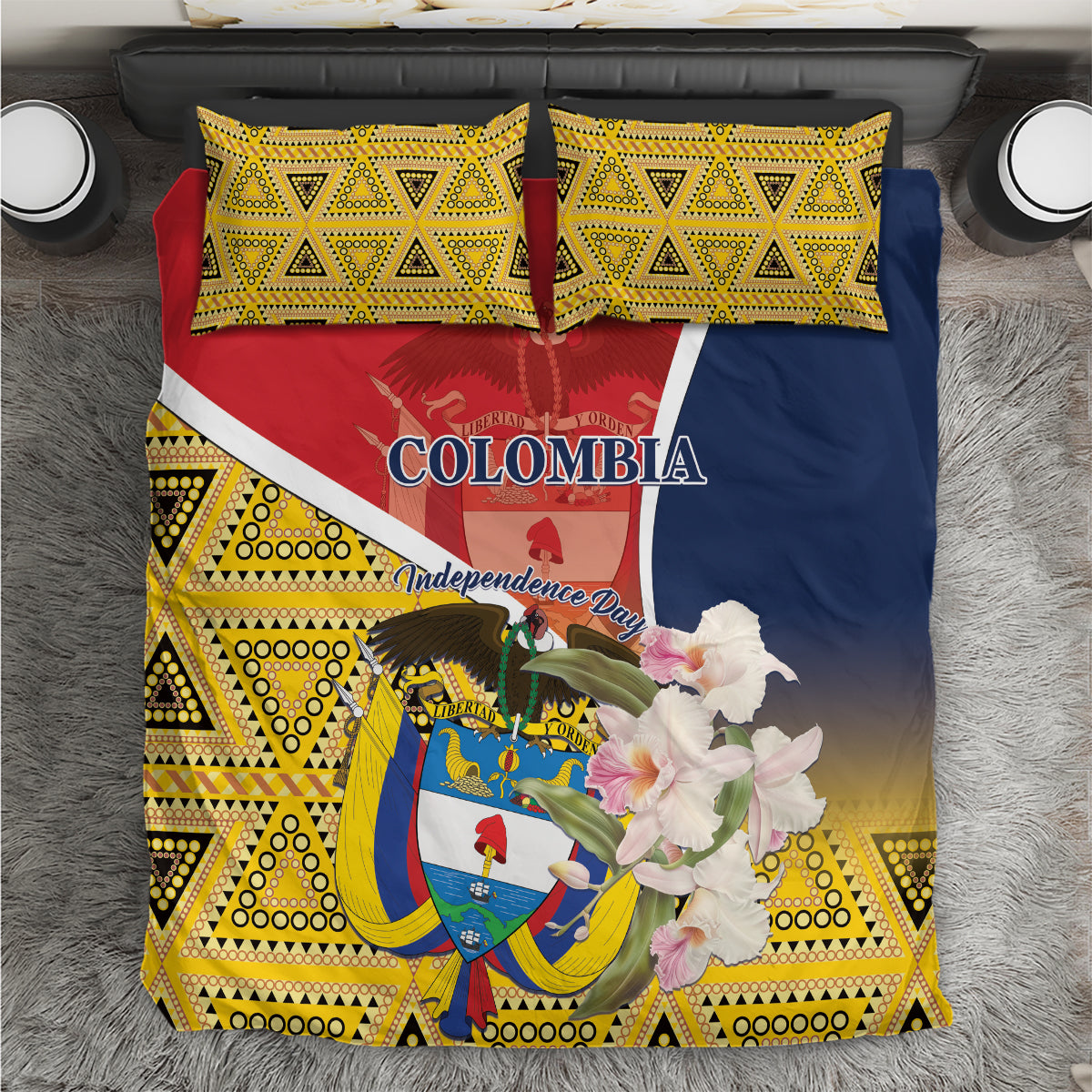 Colombia bedding set with two matching pillowcases, yellow pattern trim, and red-blue flag artwork