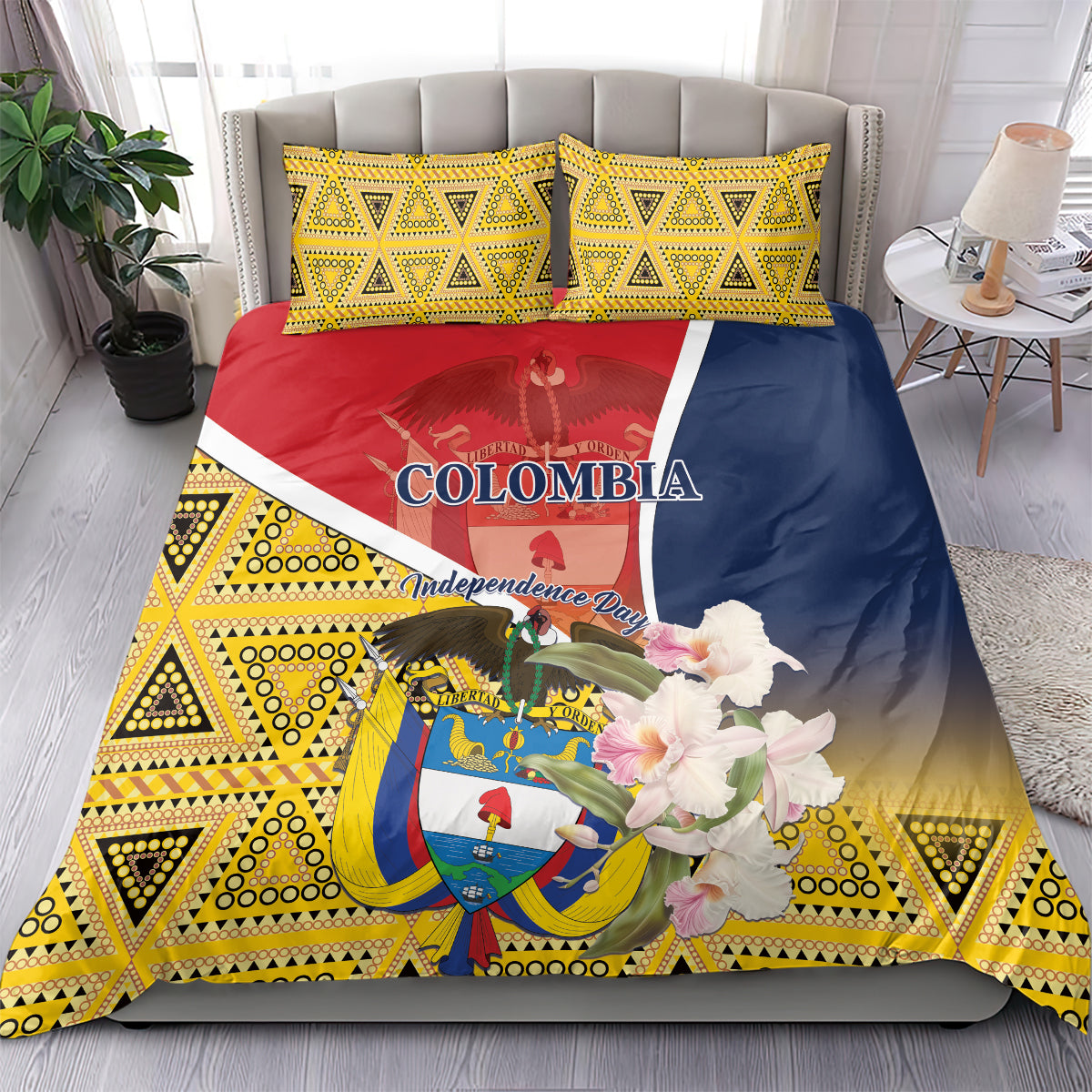 Colombia bedding set with yellow geometric pattern, red-blue flag panel, and white flowers