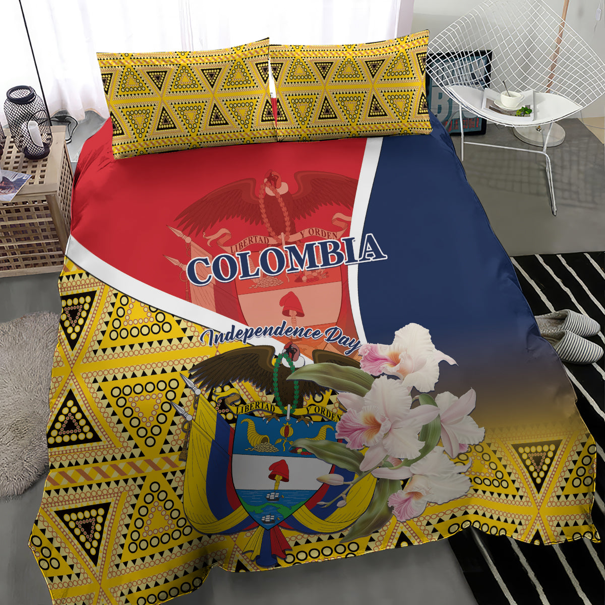 Colombia bedding set with yellow geometric borders, red-blue flag graphic, white flower accents