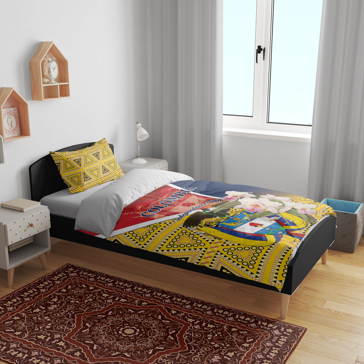 Colombia duvet cover and pillow shams with yellow geometric design and red-blue flag center