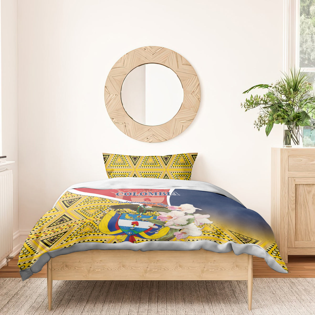 Colombia bedding set with yellow geometric pillowcase, blue-red flag panel, and white blossoms
