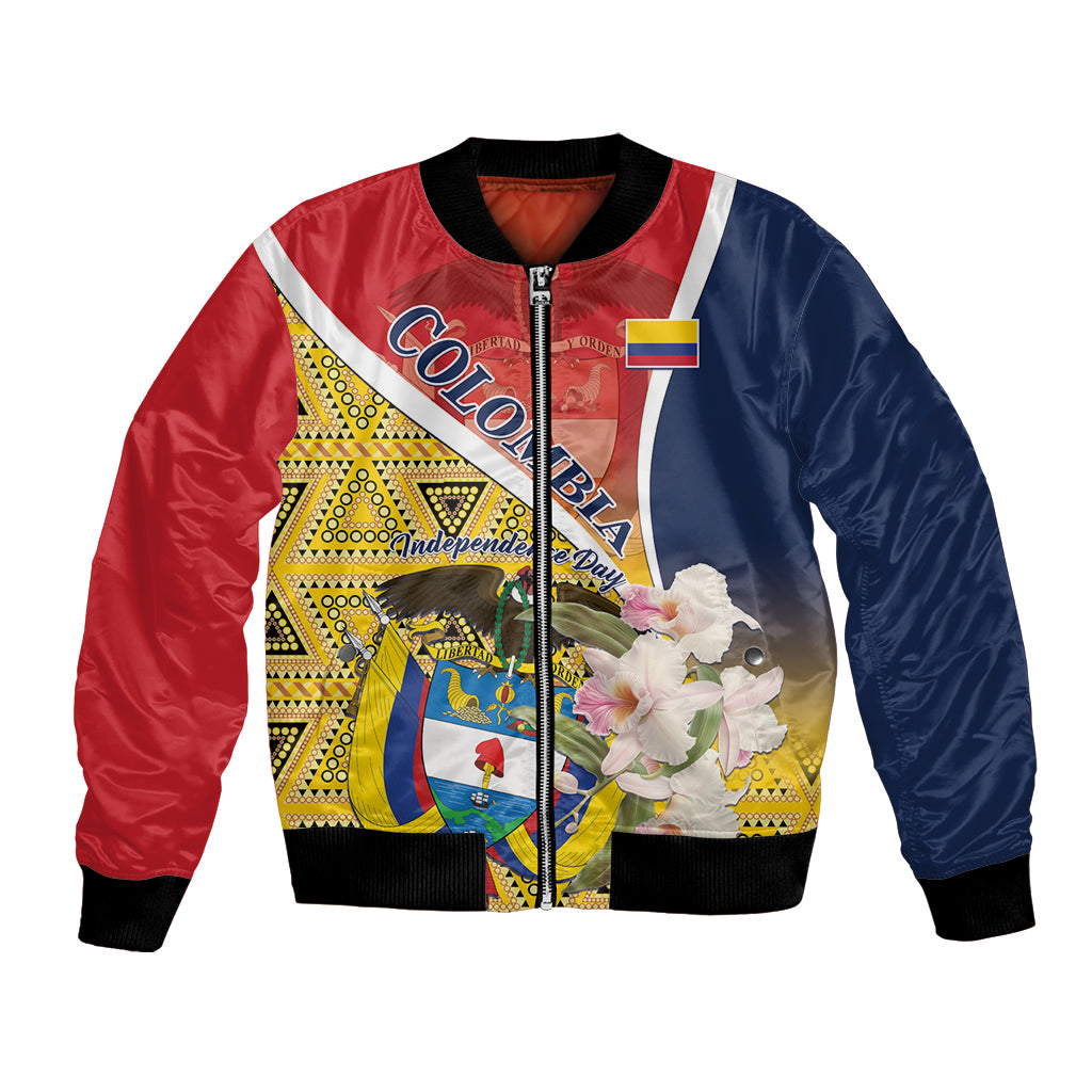 Unisex bomber jacket with red, navy, and yellow Colombia graphic and floral print