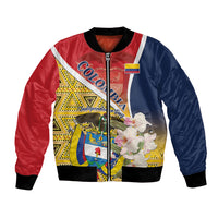 Unisex bomber jacket with red, navy, and yellow Colombia graphic and floral print