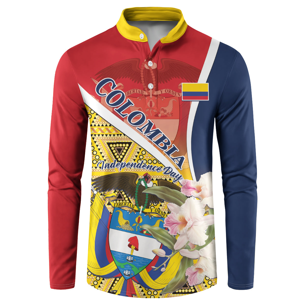 Men's button sweatshirt with yellow collar, red/blue sleeves, Colombia graphic print