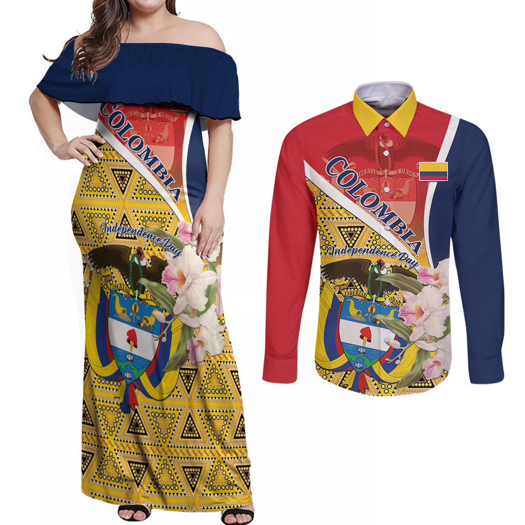 Colombia Independence Day Couples Matching Off Shoulder Maxi Dress and Long Sleeve Button Shirt Libertad y Orden Colombian Pattern - Wonder Print Shop