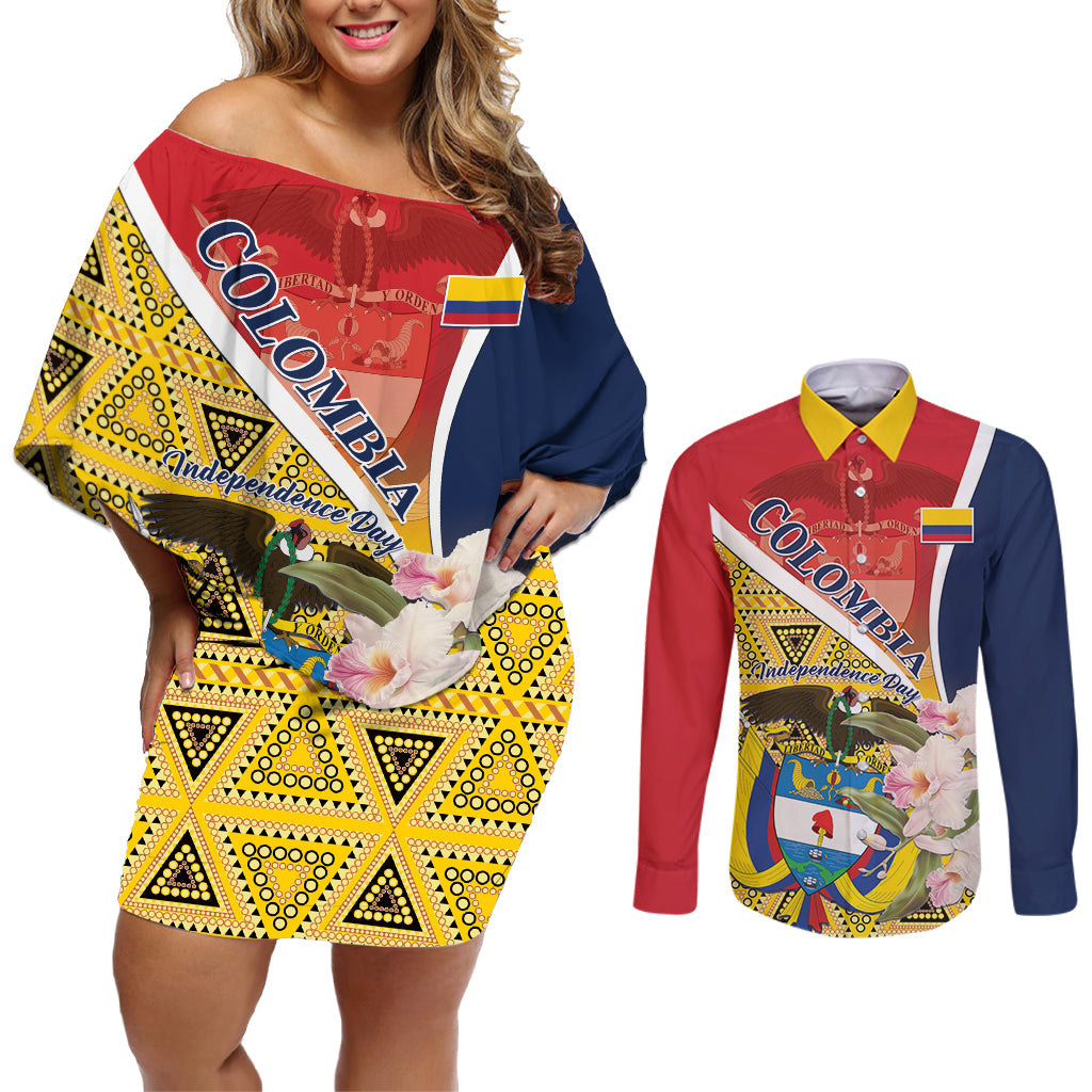 Colombia Independence Day Couples Matching Off Shoulder Short Dress and Long Sleeve Button Shirt Libertad y Orden Colombian Pattern - Wonder Print Shop