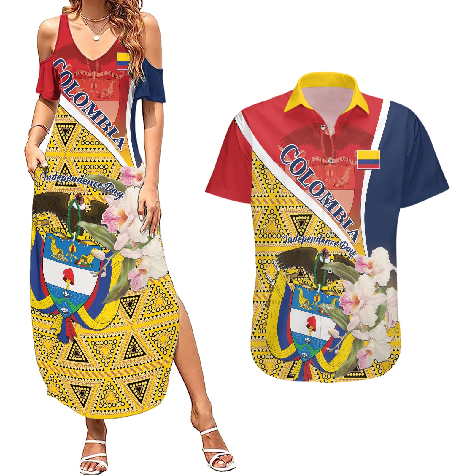 Colombia Independence Day Couples Matching Summer Maxi Dress and Hawaiian Shirt Libertad y Orden Colombian Pattern - Wonder Print Shop