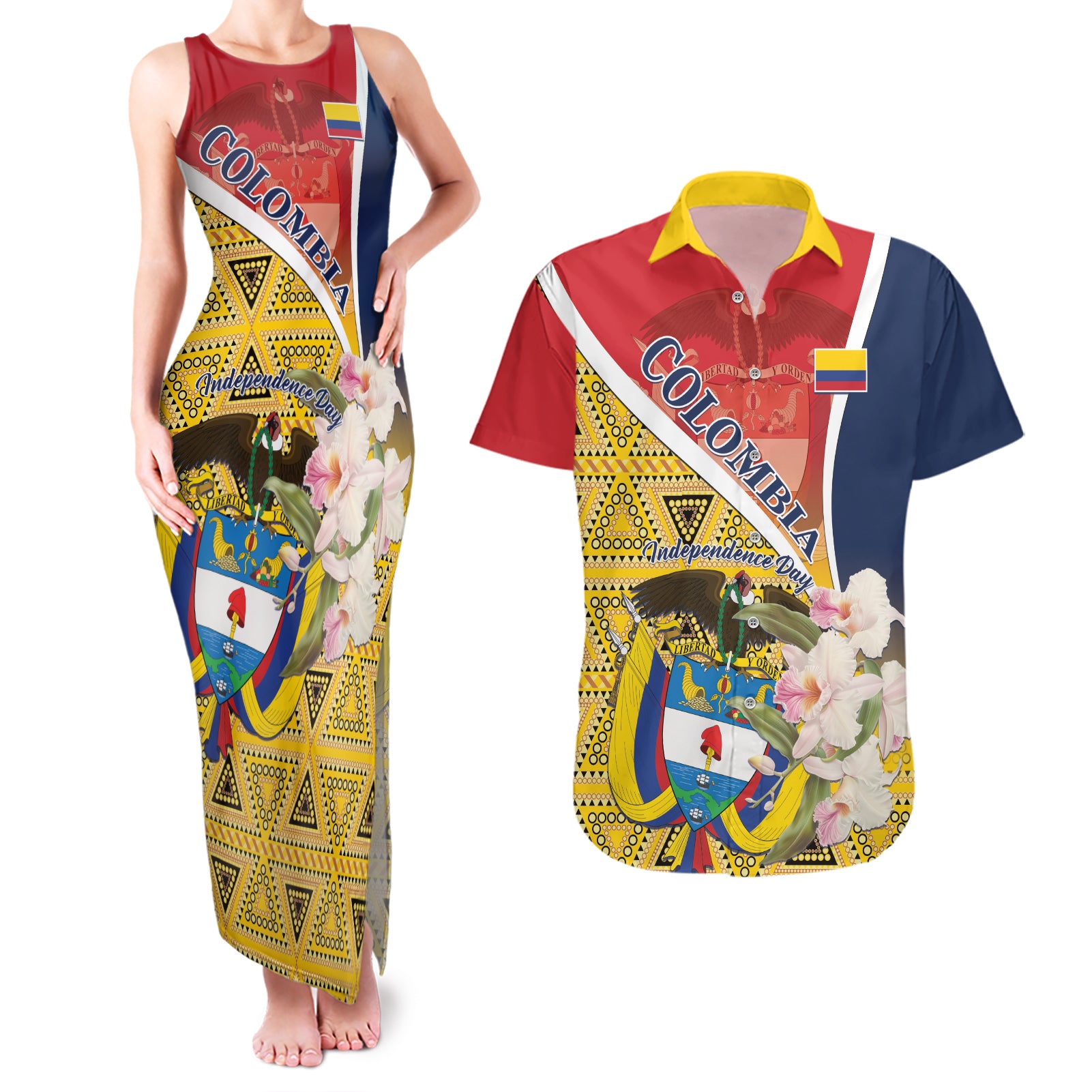 Colombia Independence Day Couples Matching Tank Maxi Dress and Hawaiian Shirt Libertad y Orden Colombian Pattern - Wonder Print Shop