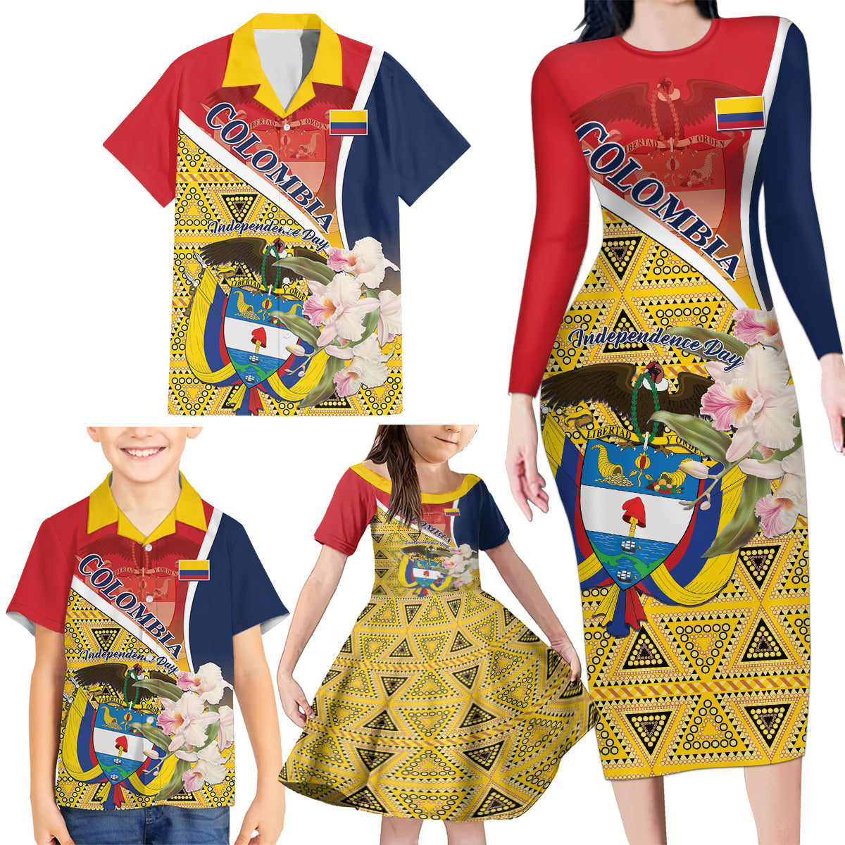 Colombia Independence Day Family Matching Long Sleeve Bodycon Dress and Hawaiian Shirt Libertad y Orden Colombian Pattern - Wonder Print Shop