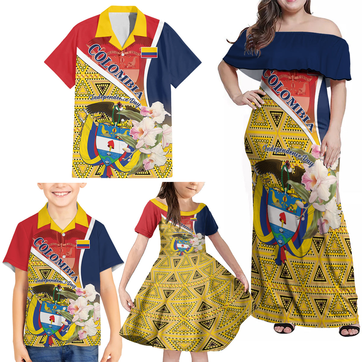 Colombia Independence Day Family Matching Off Shoulder Maxi Dress and Hawaiian Shirt Libertad y Orden Colombian Pattern - Wonder Print Shop