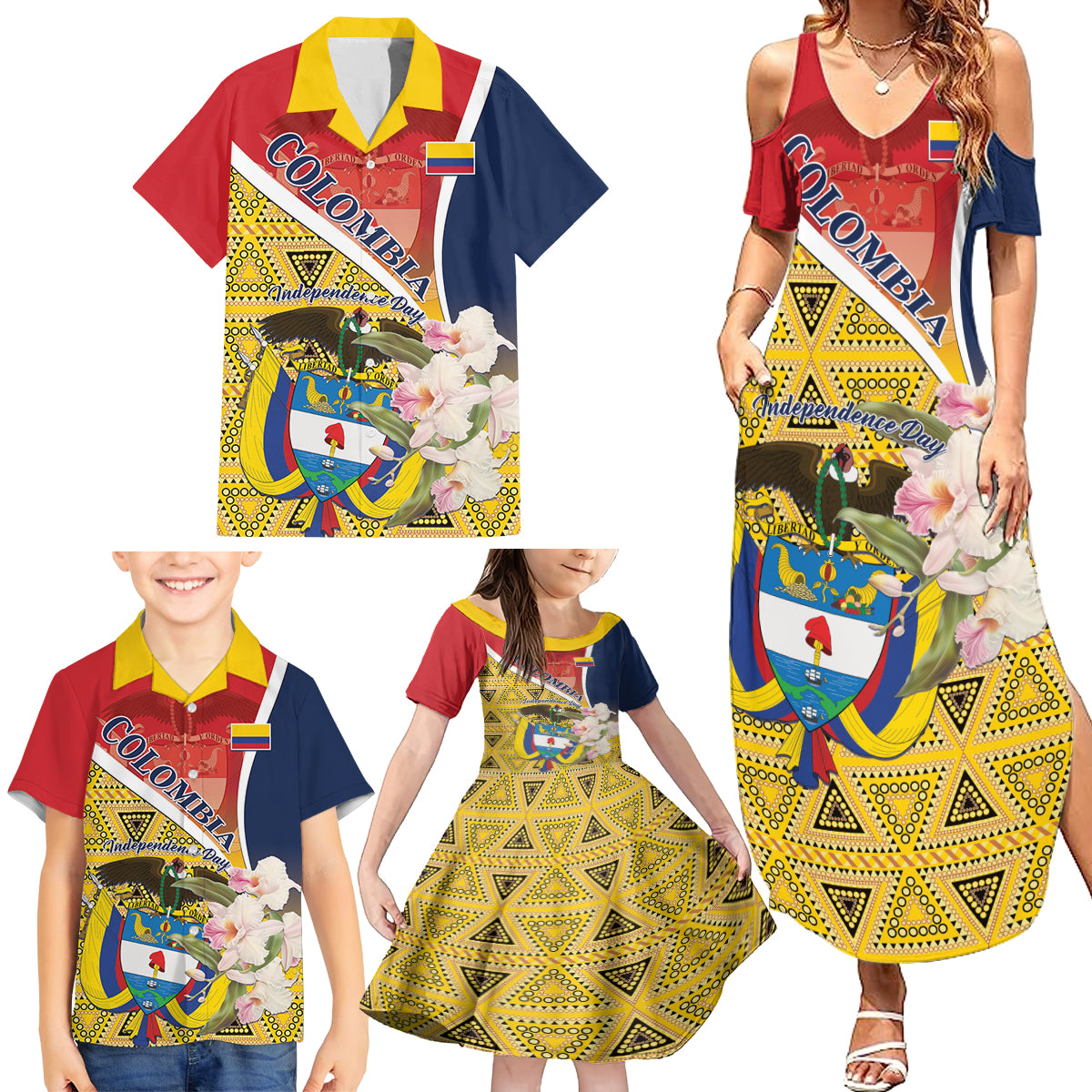 Colombia Independence Day Family Matching Summer Maxi Dress and Hawaiian Shirt Libertad y Orden Colombian Pattern - Wonder Print Shop