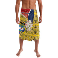 Men's yellow lavalava shorts with floral bouquet graphic, blue-red top band, geometric trim