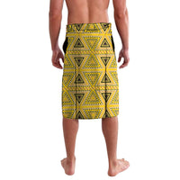 Men's yellow lavalava shorts with bold black triangle and circle pattern, straight hem