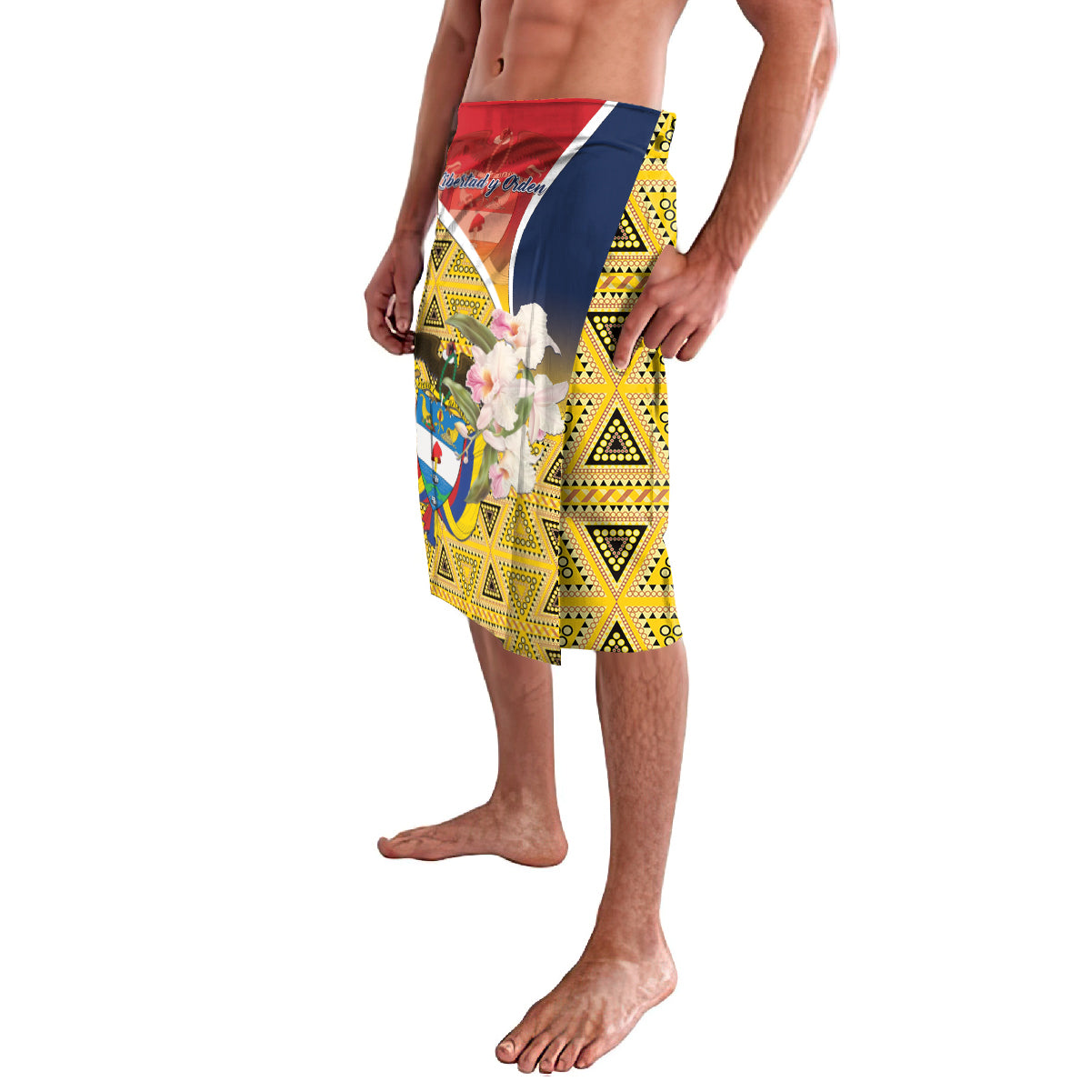 Men's yellow geometric lavalava swim shorts with floral panel and blue-red waistband