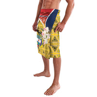 Men's yellow geometric lavalava swim shorts with floral panel and blue-red waistband