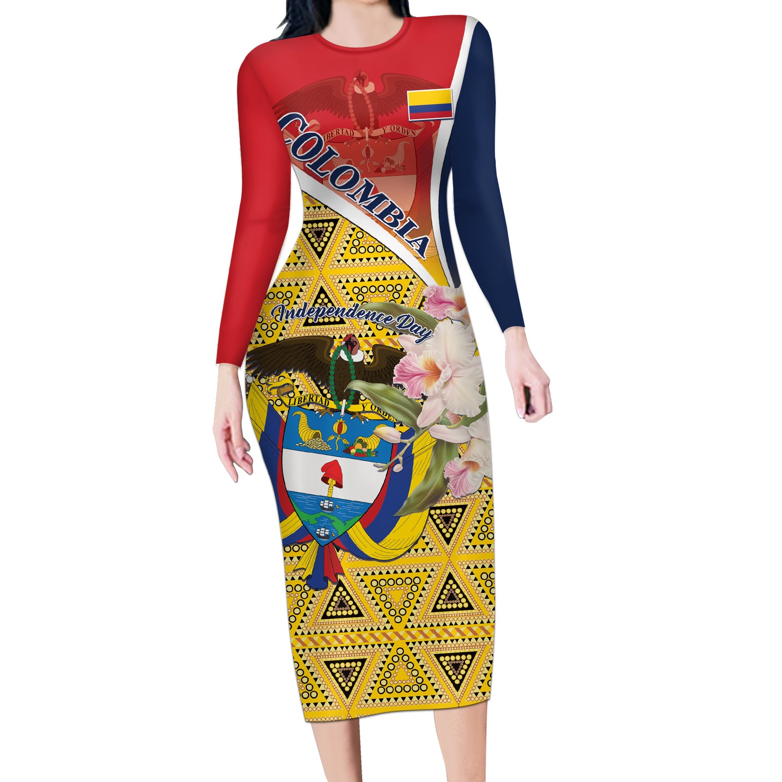 Colombia Independence Day Long Sleeve Bodycon Dress Libertad y Orden Colombian Pattern - Wonder Print Shop