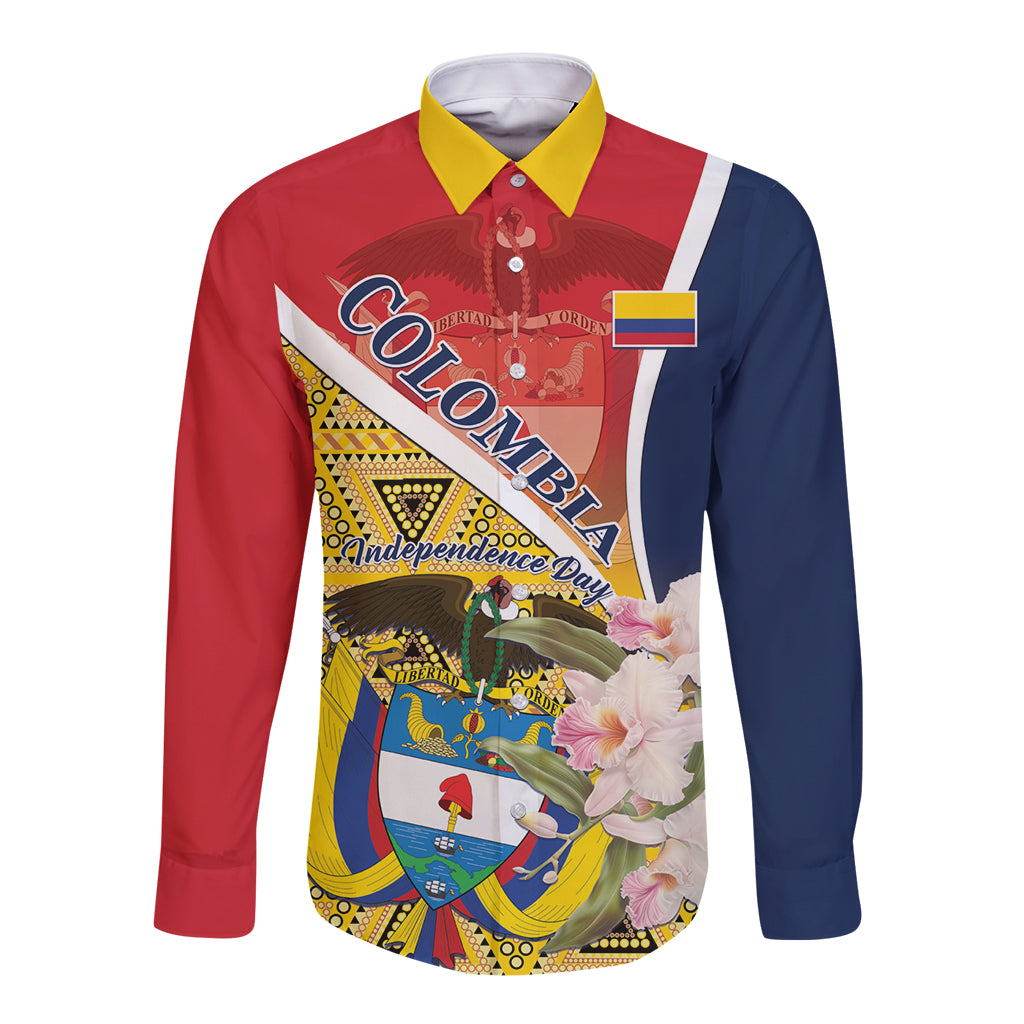 Long-sleeve button shirt, yellow collar, red/blue front with Colombia Independence graphic