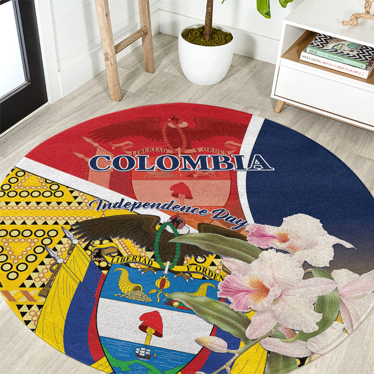 Round Colombia Independence Day carpet with large “COLOMBIA” text and blue red navy sections