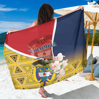Colombia-themed sarong with red, navy, and yellow patterned design and floral accents