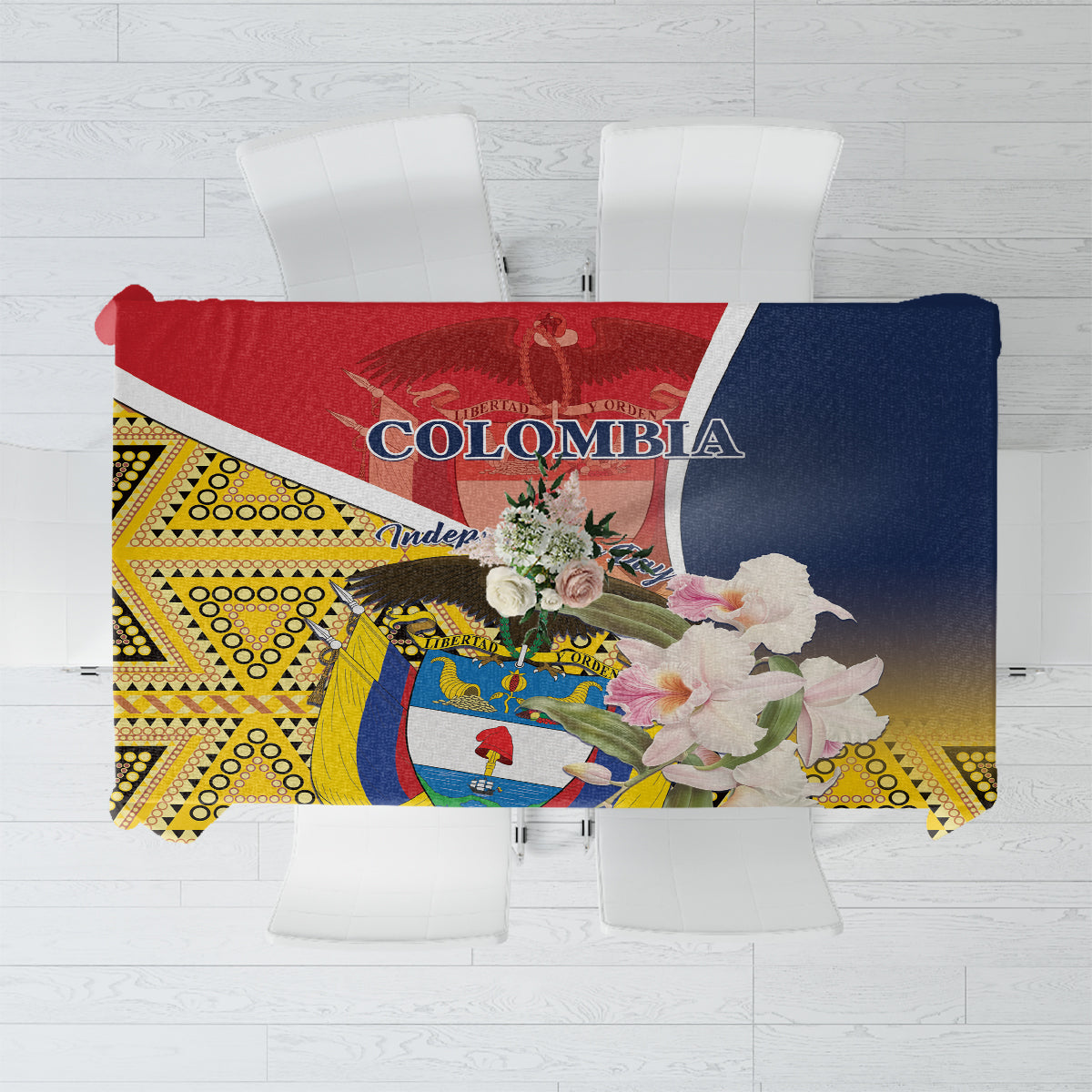 COLOMBIA-themed tablecloth with red, navy, and yellow illustration and flowers