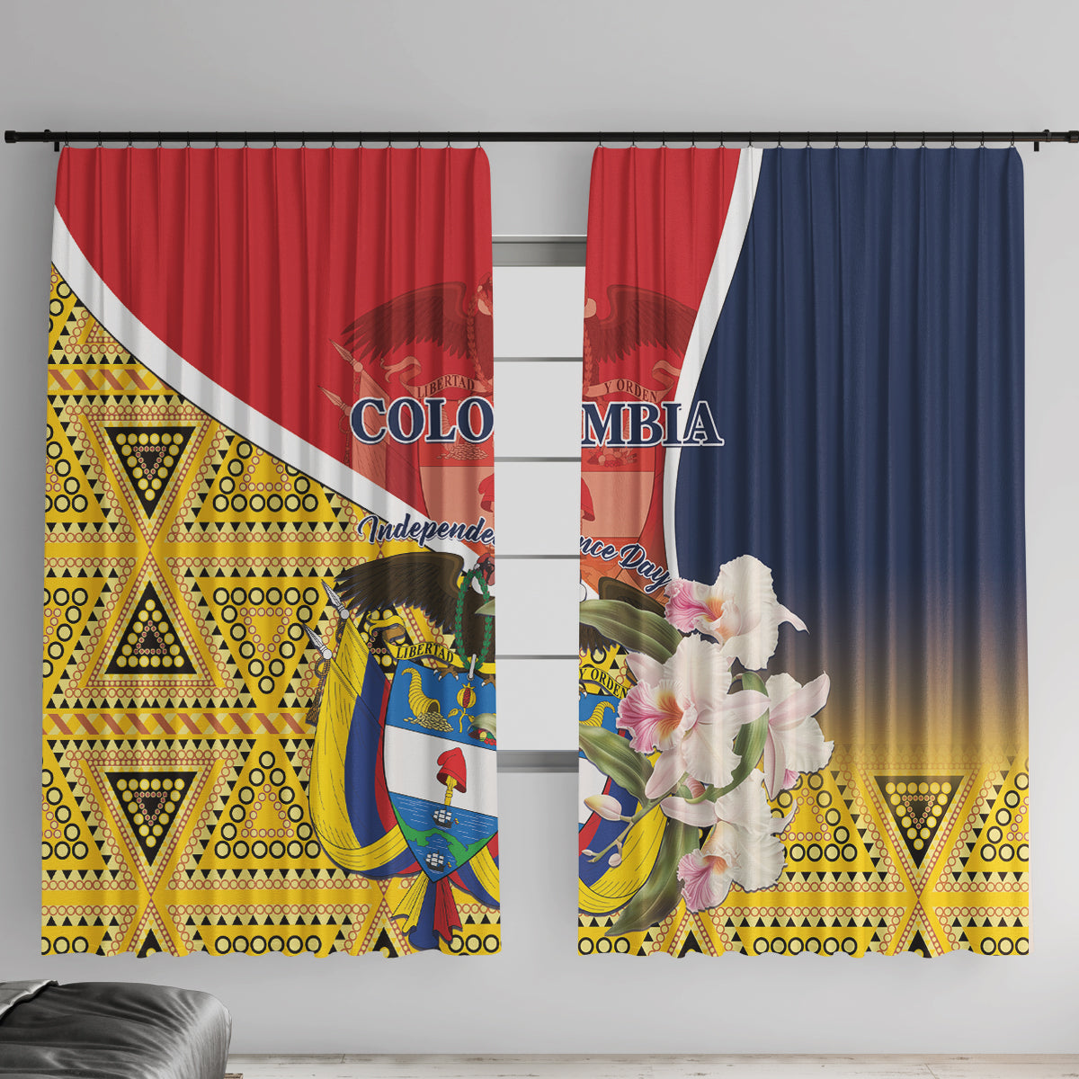 Colombia flag print window curtains with two side panels, bold red and blue sections