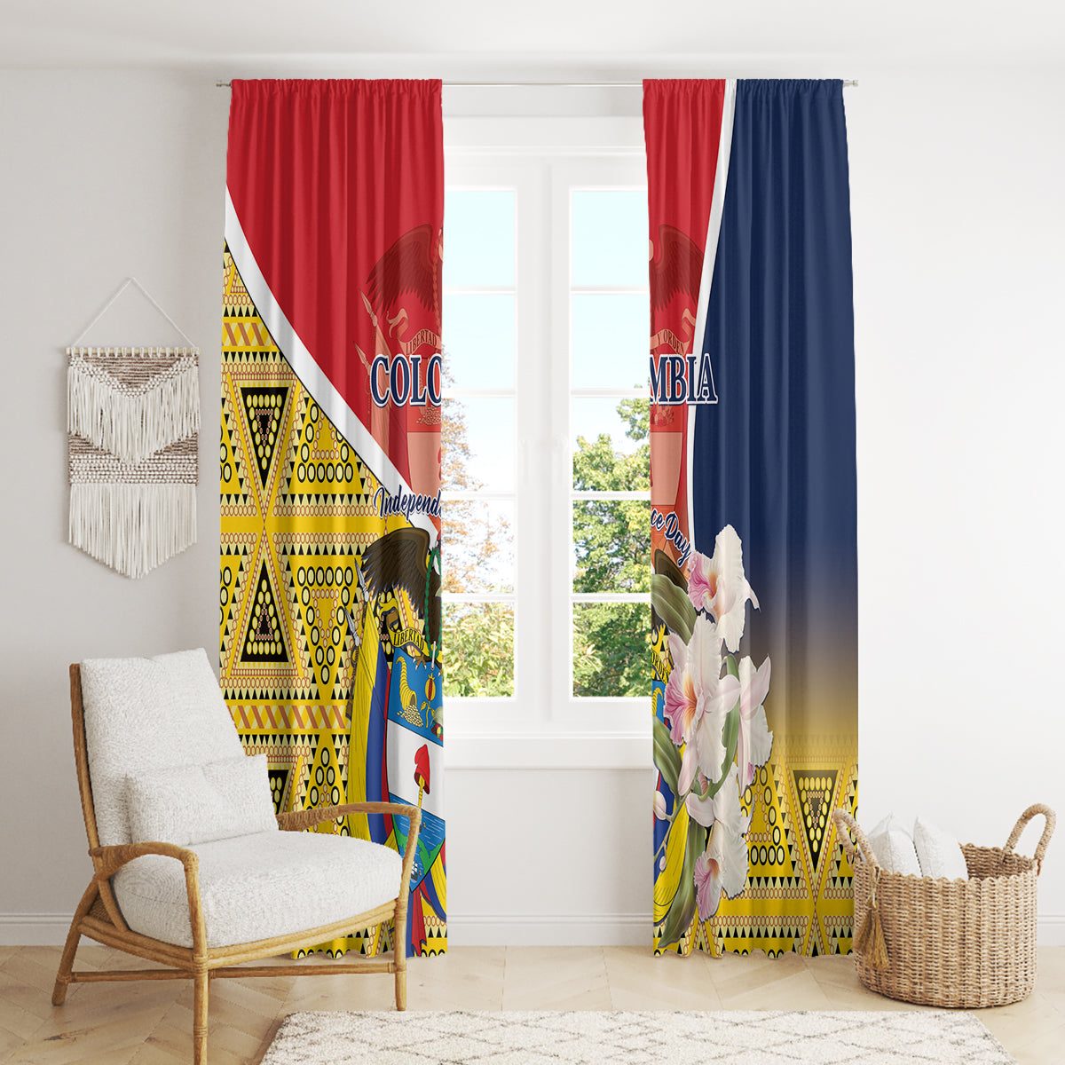 Colombia-themed window curtain panels with red, blue, yellow pattern and floral country outline