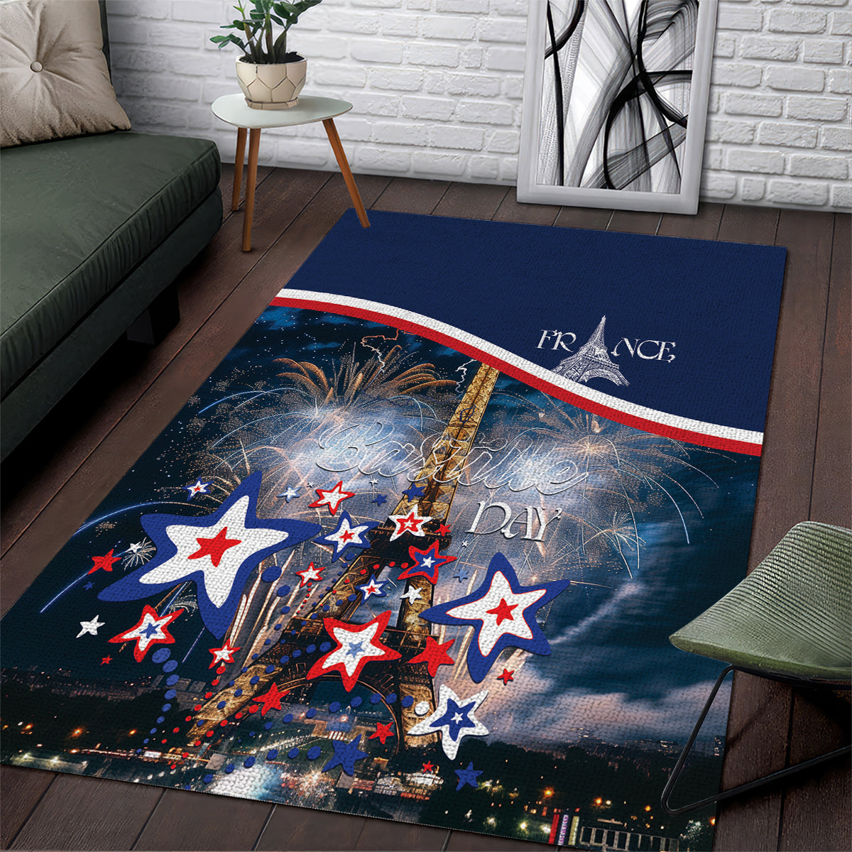 Blue area rug featuring French tricolor stripe, fireworks burst, Eiffel Tower and stars