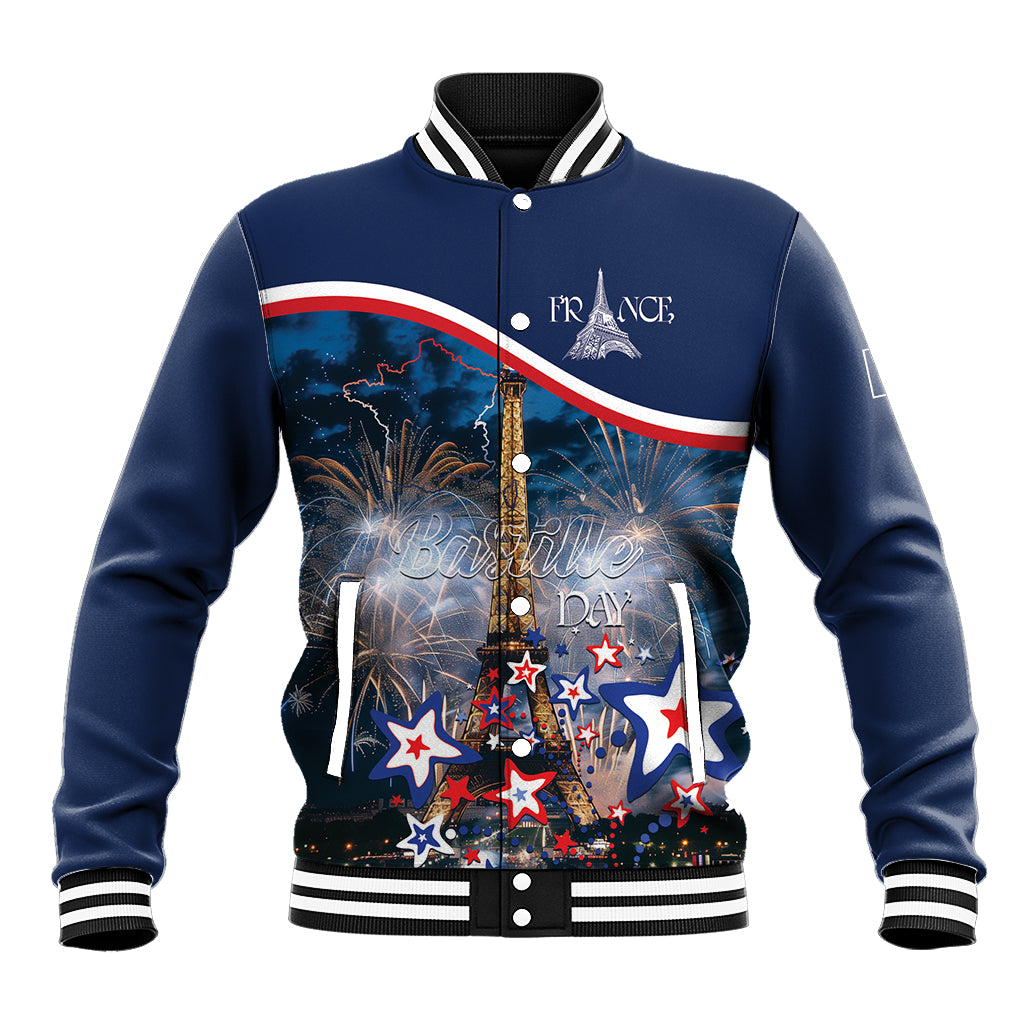 Blue unisex baseball jacket, button front, striped collar, Bastille Day graphic