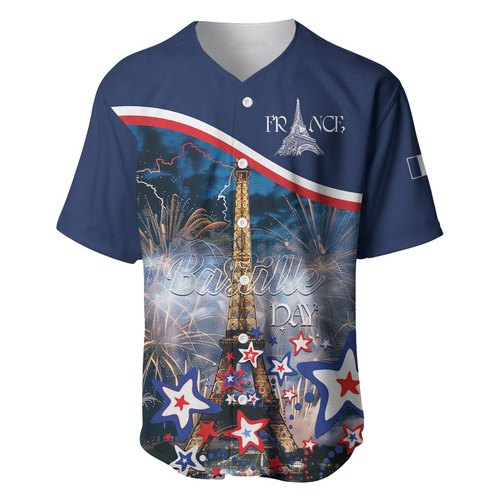 Blue baseball jersey with V-neck, Eiffel Tower fireworks and Bastille Day graphics